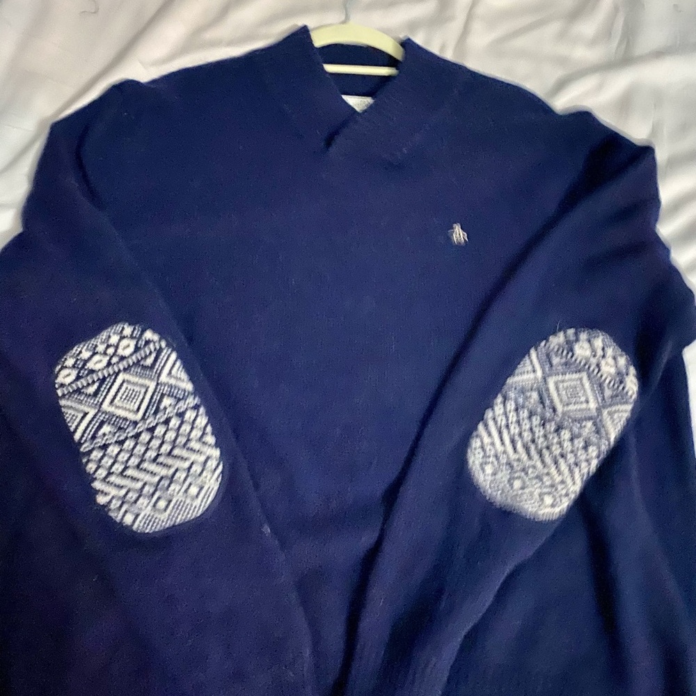 Navy Blue Penguin sweater with elbow patches